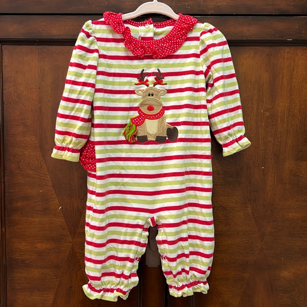 Reindeer appliqué long sleeve striped romper with stripes and ruffle 6M